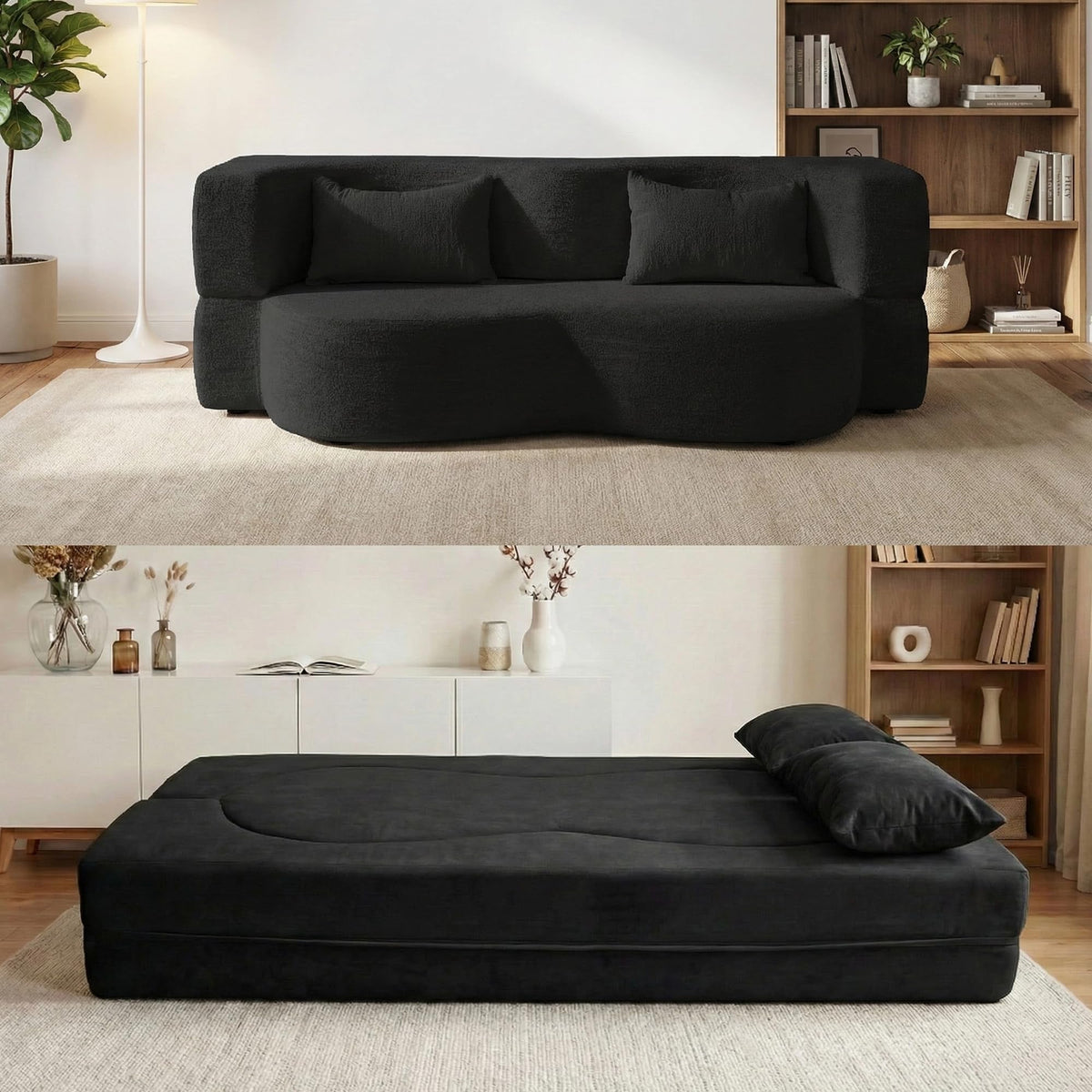 2-in-1 Convertible Sofa Bed 78 Inch Sleeper with Pillow Black W53332