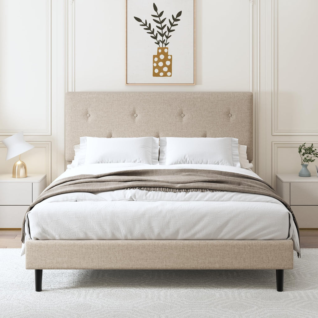 Queen Size Beige Linen Bed Frame with Adjustable Headboard Q36954