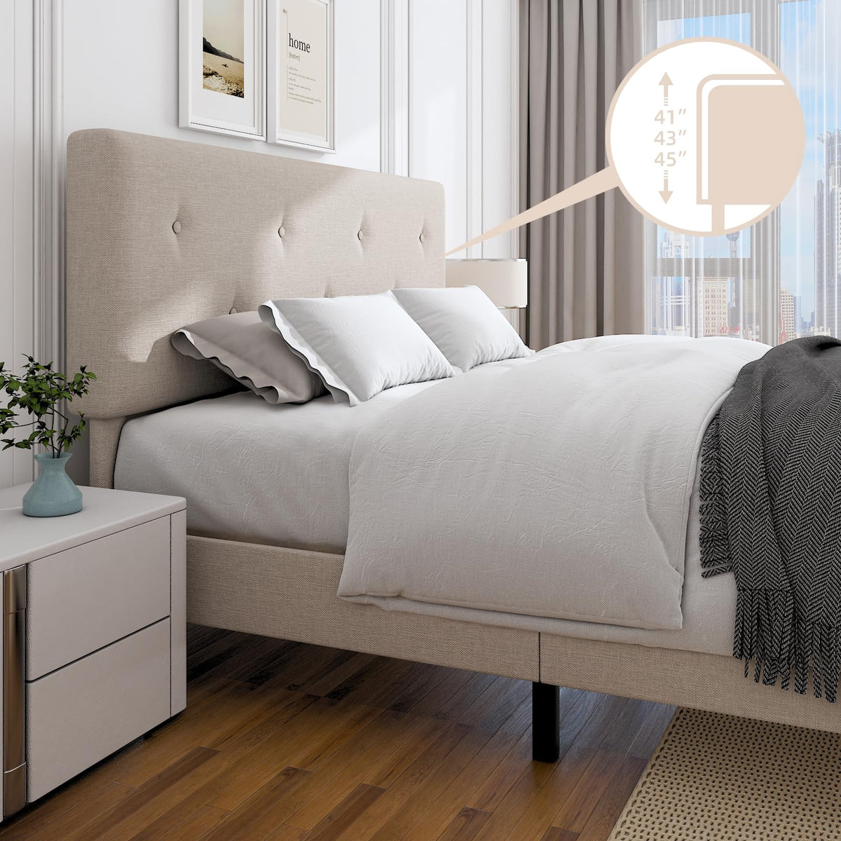Queen Size Beige Linen Bed Frame with Adjustable Headboard Q36954