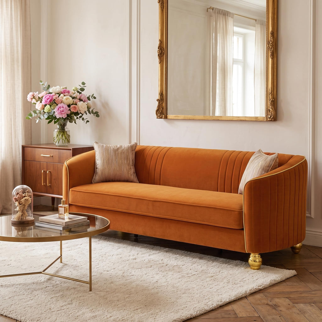 Velvet Modern Sofa Couch 3-Seater Deep Seat Sofa, Orange T5614