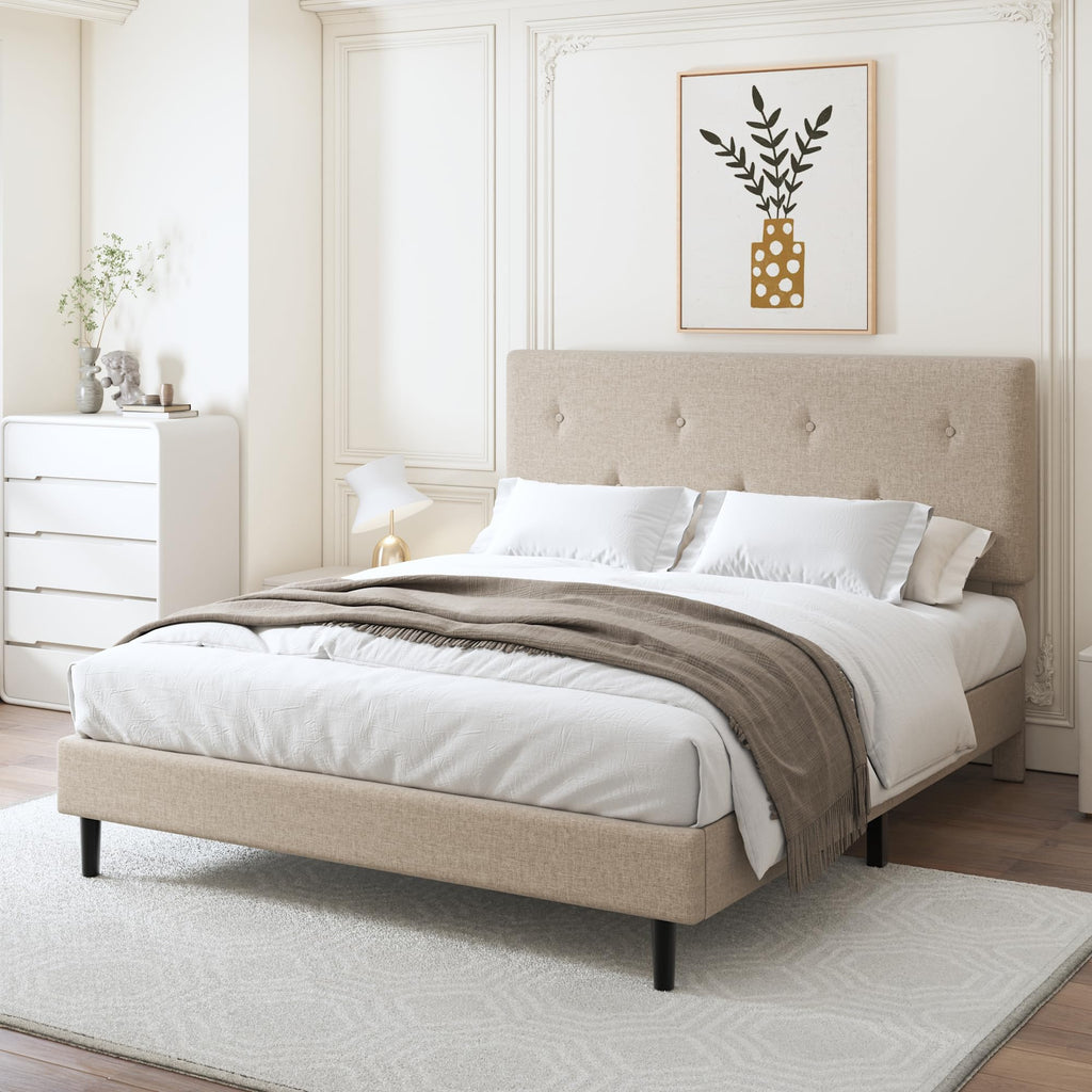 Queen Size Beige Linen Bed Frame with Adjustable Headboard Q36954