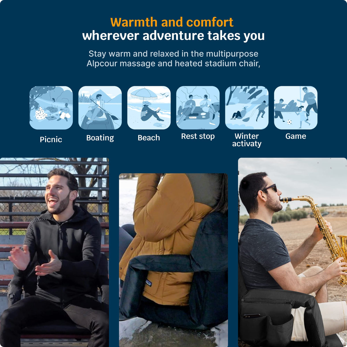 Heating Massage Reclining Stadium Seat with Arm Support G9572