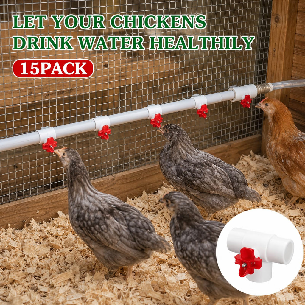 15 Pack Chicken Nipples Waterer with PVC Tee Fittings D245