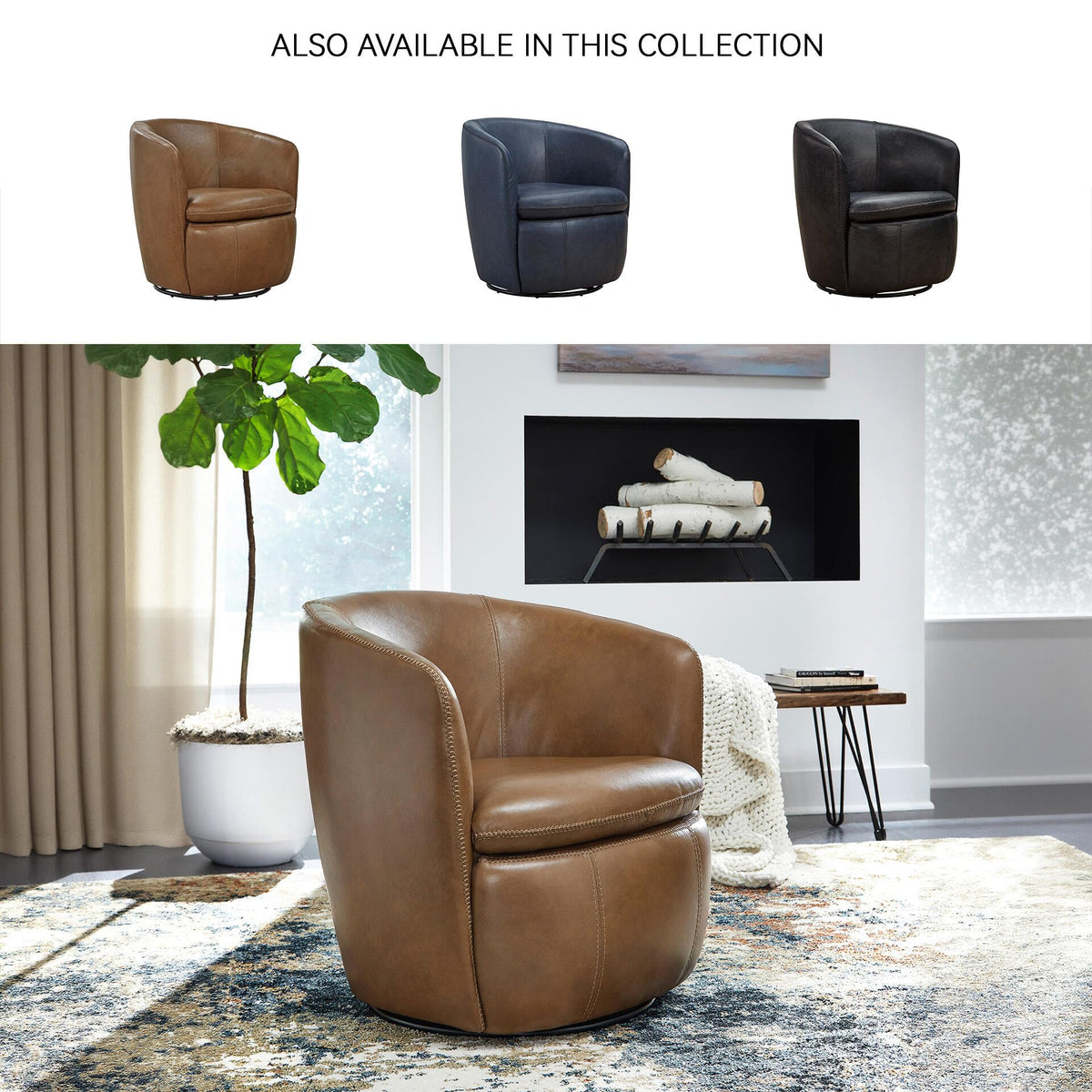 Top Grain Leather Swivel Barrel Chair T7521