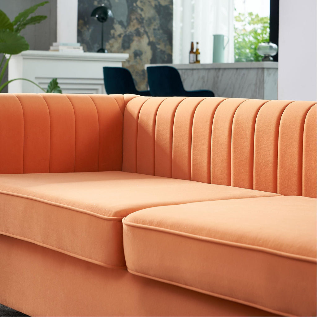 Velvet Sofa Couch, 3-Seater with Channel-Tufted Seats and Gold Steel Legs, Orange S892
