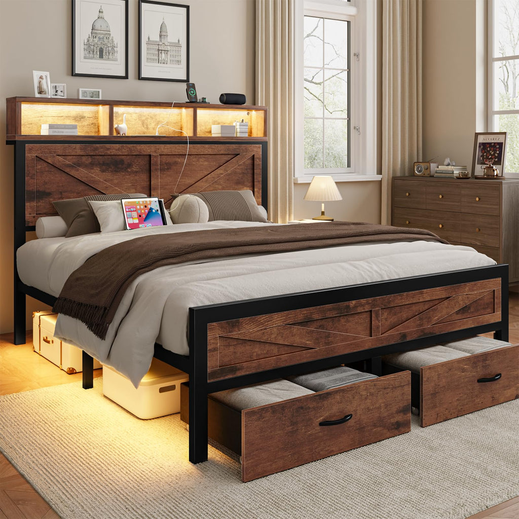 King Size Bed Frame with Storage Drawers and Charging Station X548389