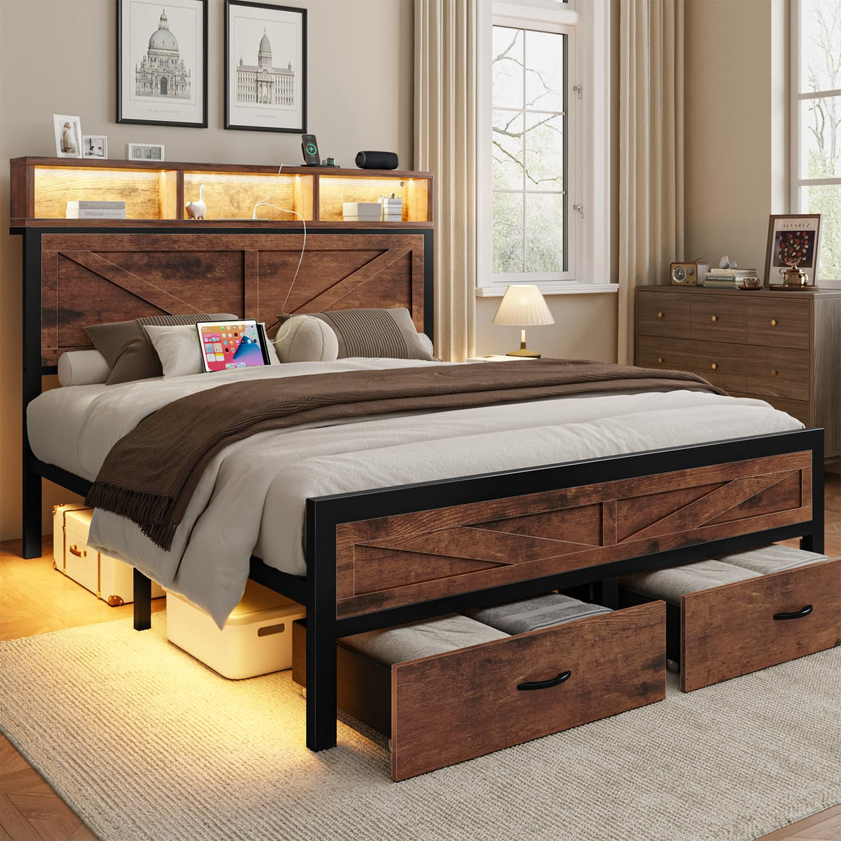 King Size Bed Frame with Storage Drawers and Charging Station X548389