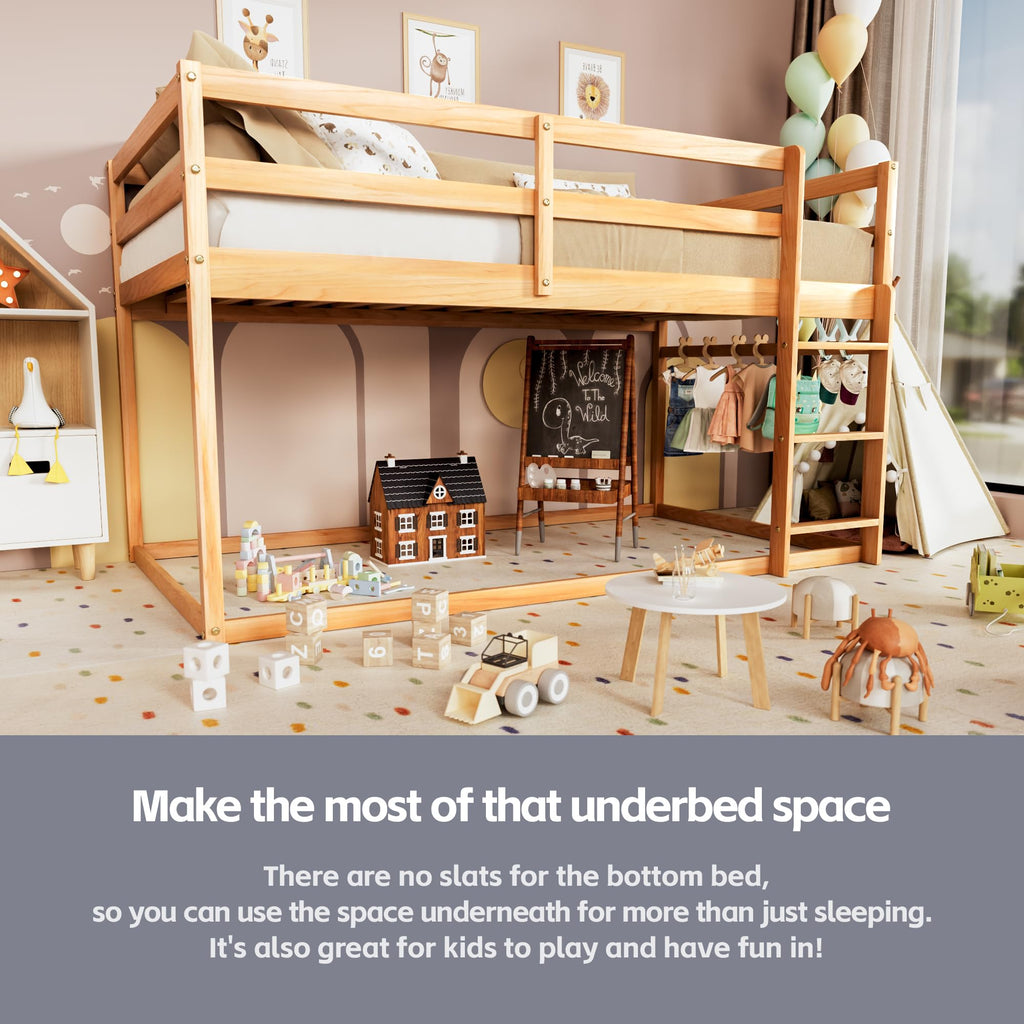 Twin Over Twin Low Bunk Bed with Ladder and Guardrails S401
