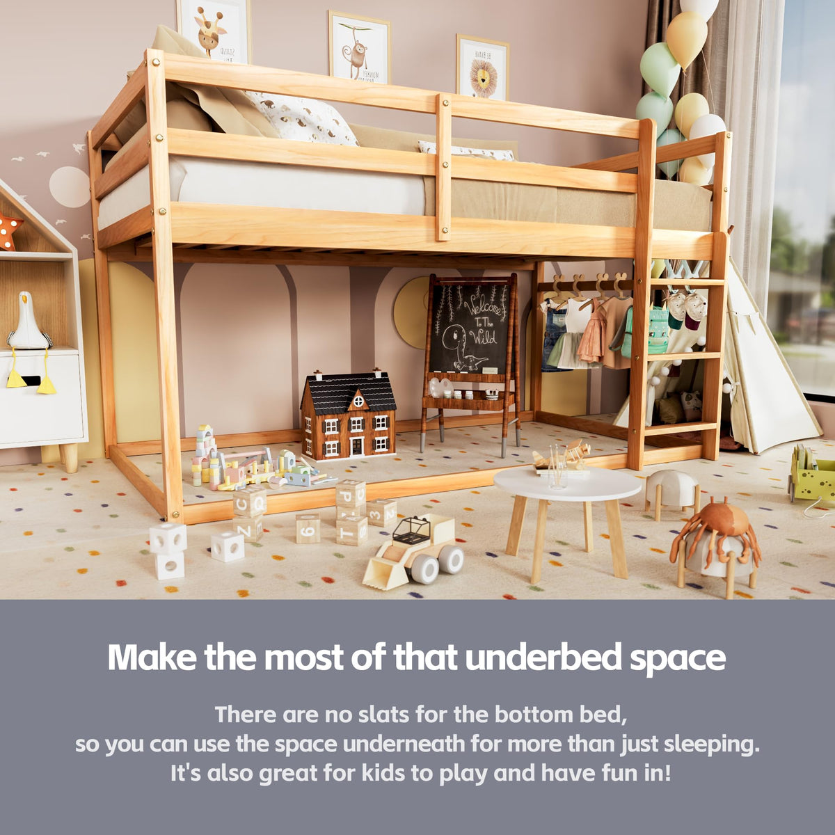 Twin Over Twin Low Bunk Bed with Ladder and Guardrails S401