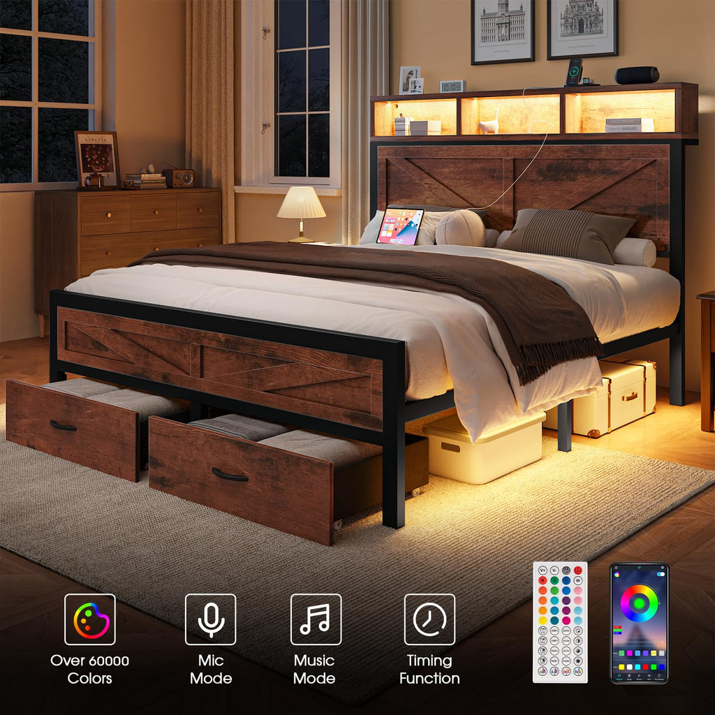 King Size Bed Frame with Storage Drawers and Charging Station X548389