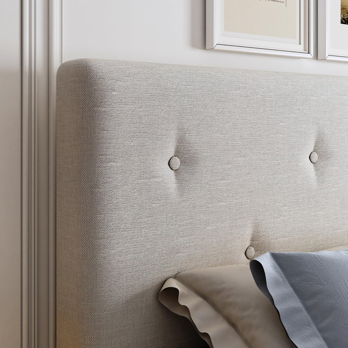 Queen Size Beige Linen Bed Frame with Adjustable Headboard Q36954