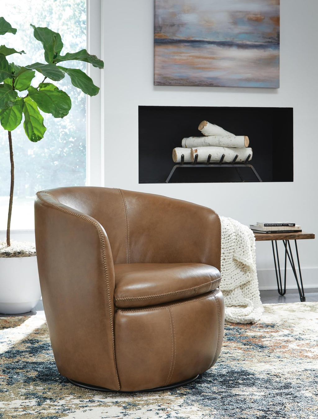 Top Grain Leather Swivel Barrel Chair T7521
