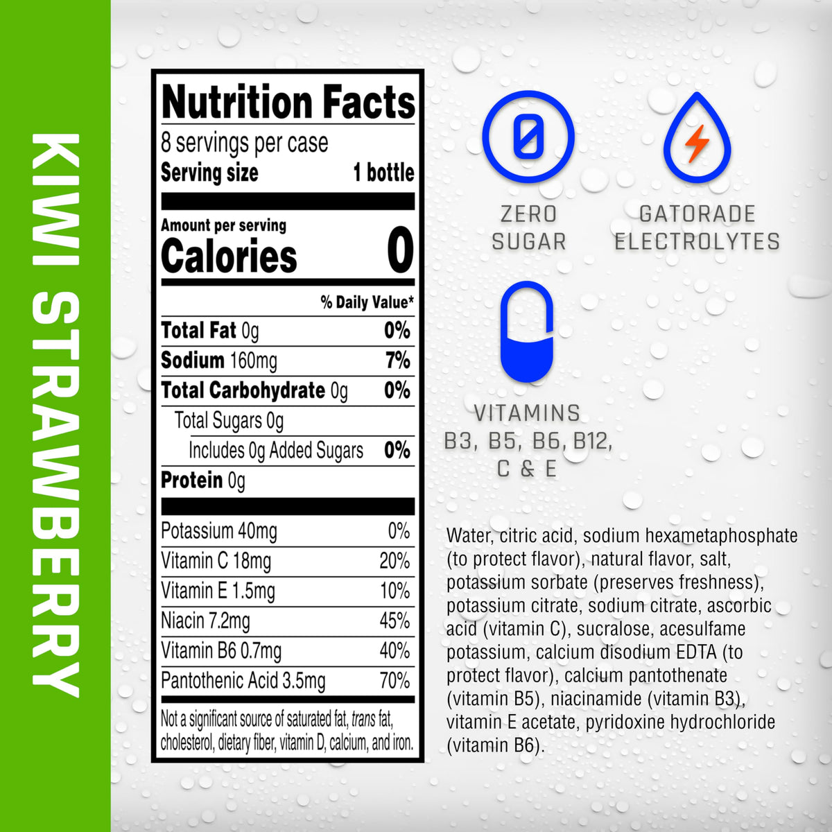Electrolyte Water, Kiwi Strawberry, 12 fl oz, 8 Pack Y545