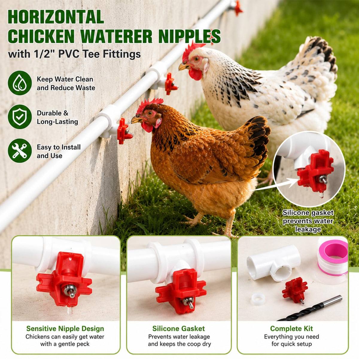 15 Pack Chicken Nipples Waterer with PVC Tee Fittings D245