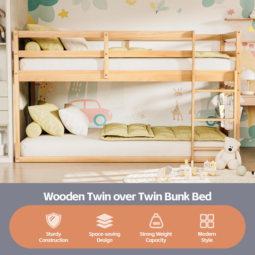 Twin Over Twin Low Bunk Bed with Ladder and Guardrails S401