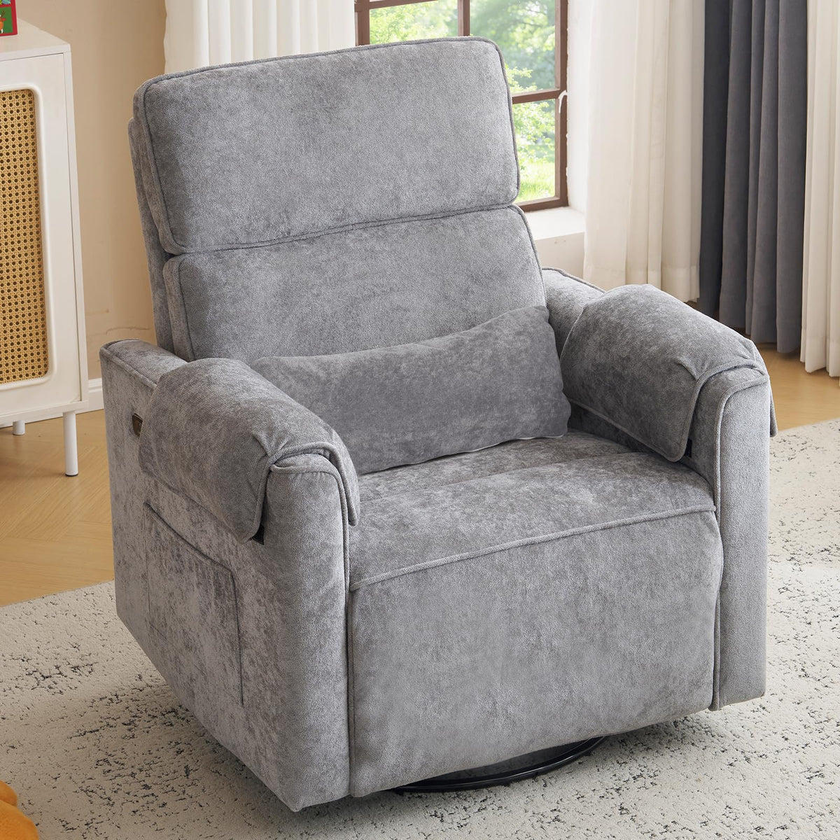 Oversized Swivel Rocking Recliner Chair with USB Ports, Grey Z6000