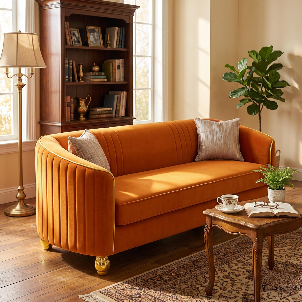 Velvet Modern Sofa Couch 3-Seater Deep Seat Sofa, Orange T5614