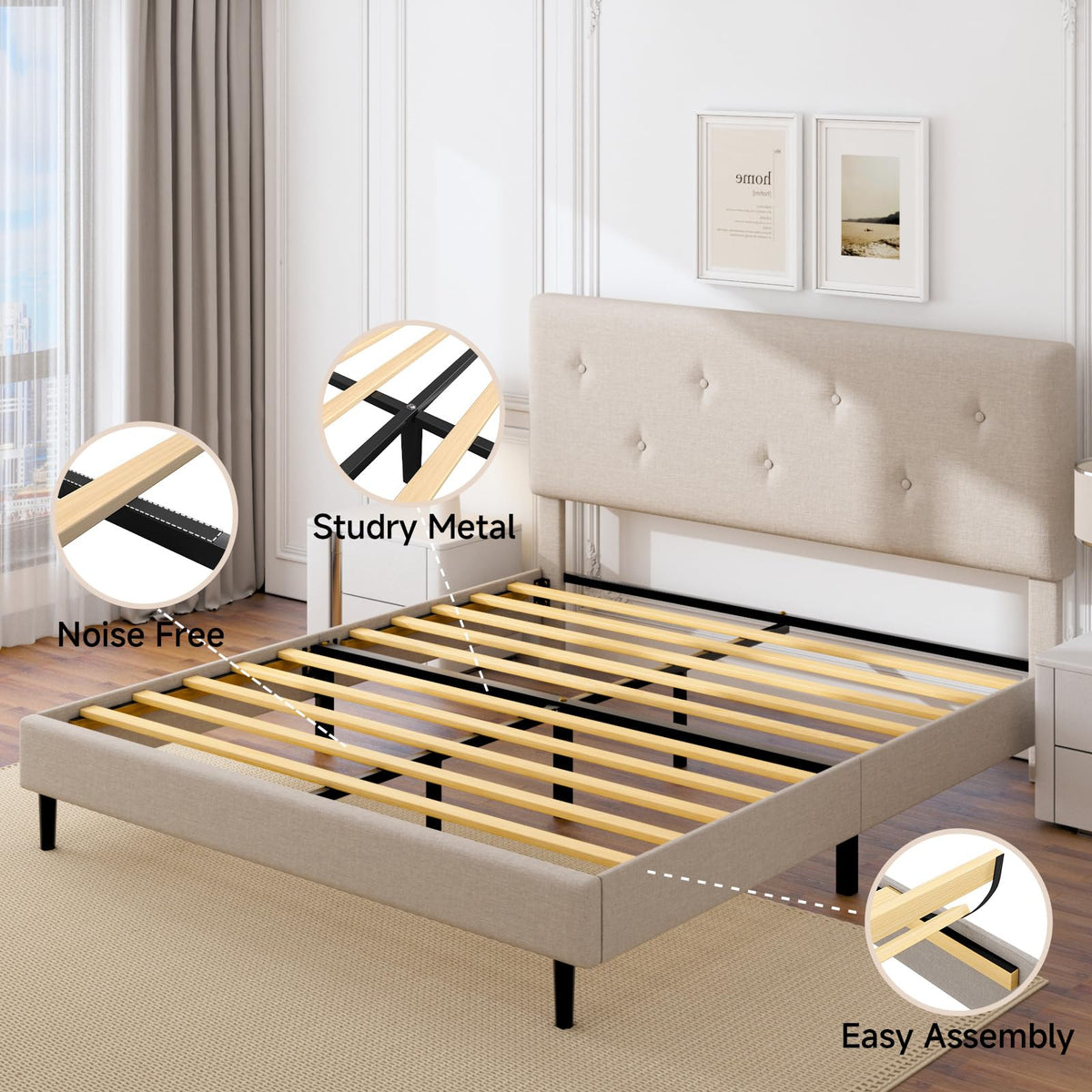 Queen Size Beige Linen Bed Frame with Adjustable Headboard Q36954