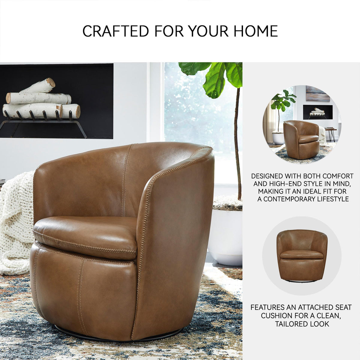 Top Grain Leather Swivel Barrel Chair T7521