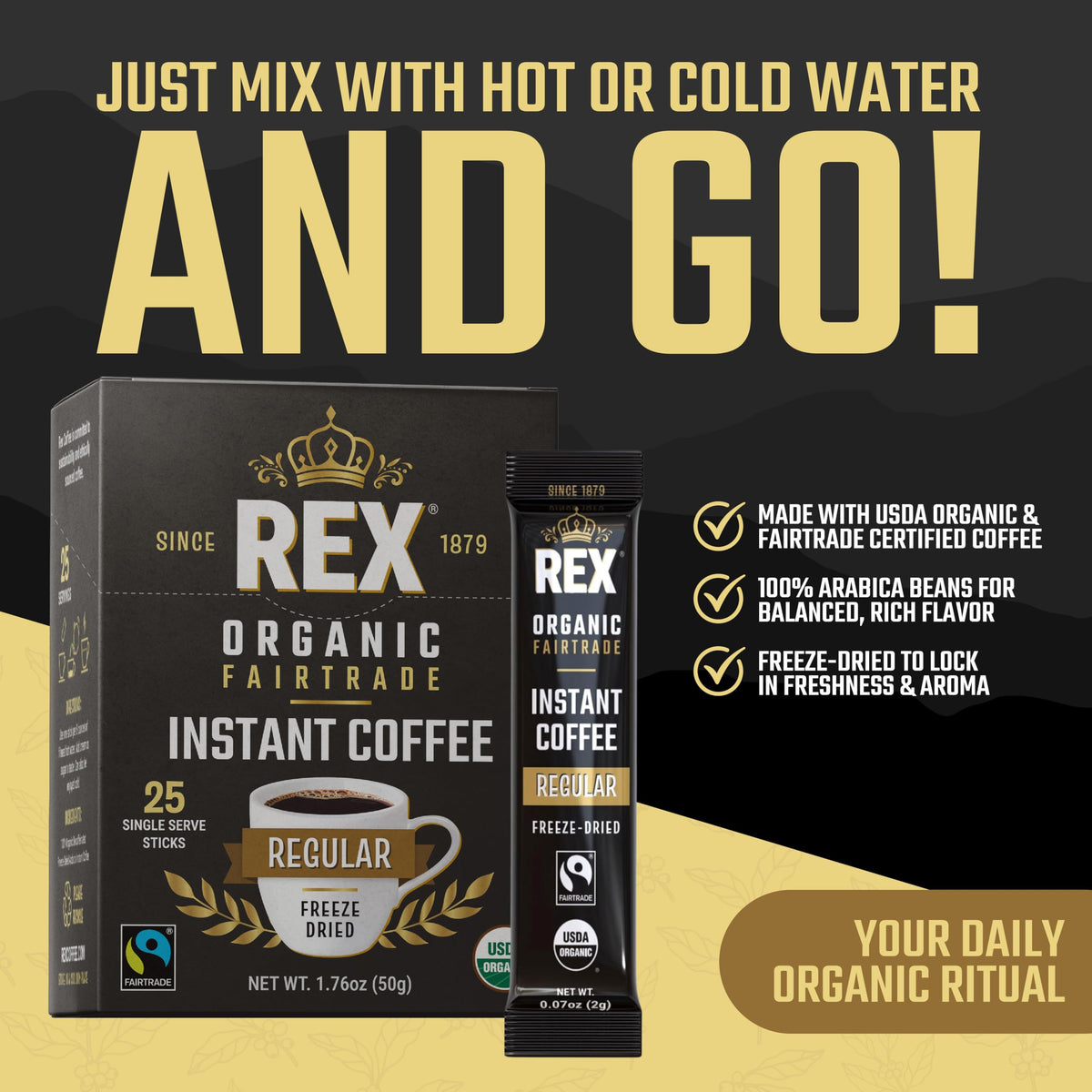 Organic Fairtrade Medium Roast Instant Coffee Sticks 25 Count P782618