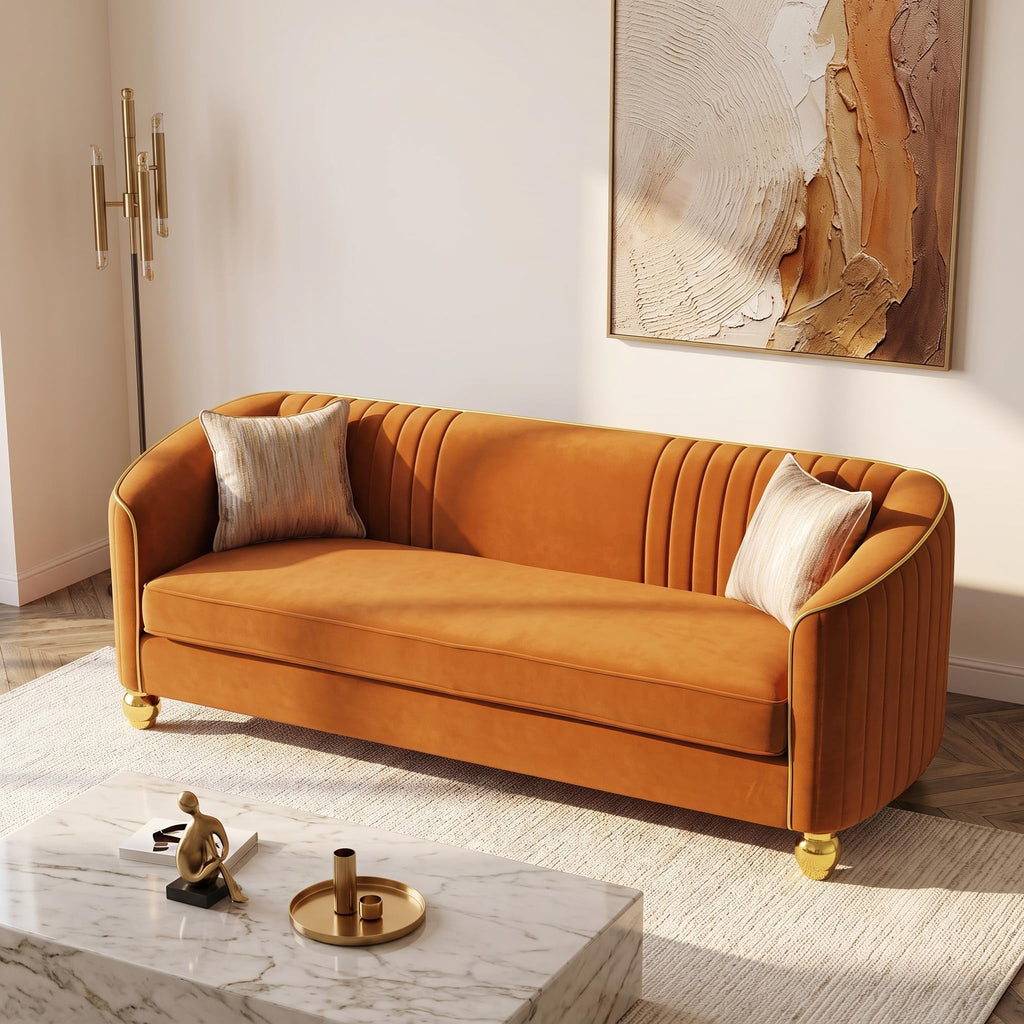 Velvet Modern Sofa Couch 3-Seater Deep Seat Sofa, Orange T5614