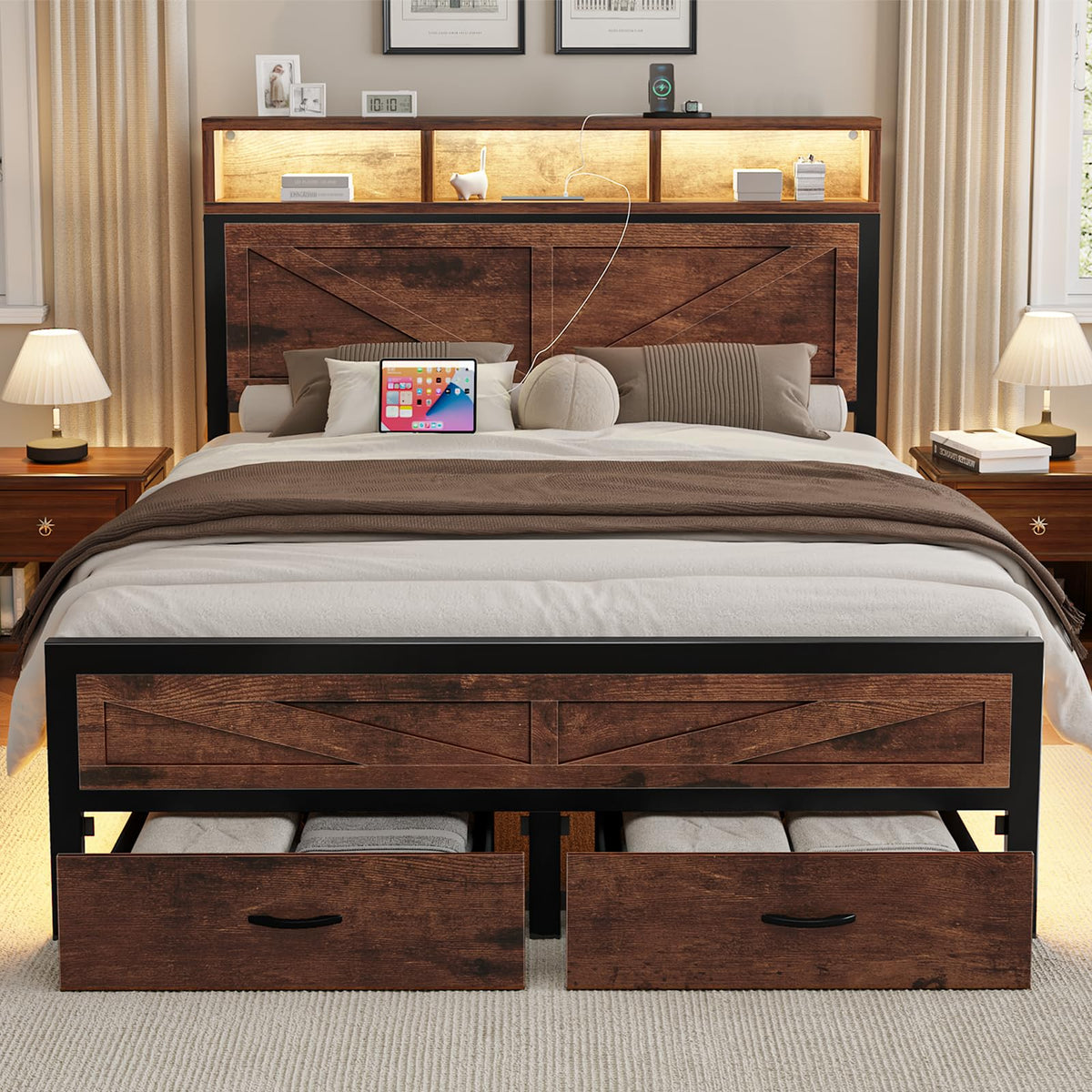 King Size Bed Frame with Storage Drawers and Charging Station X548389