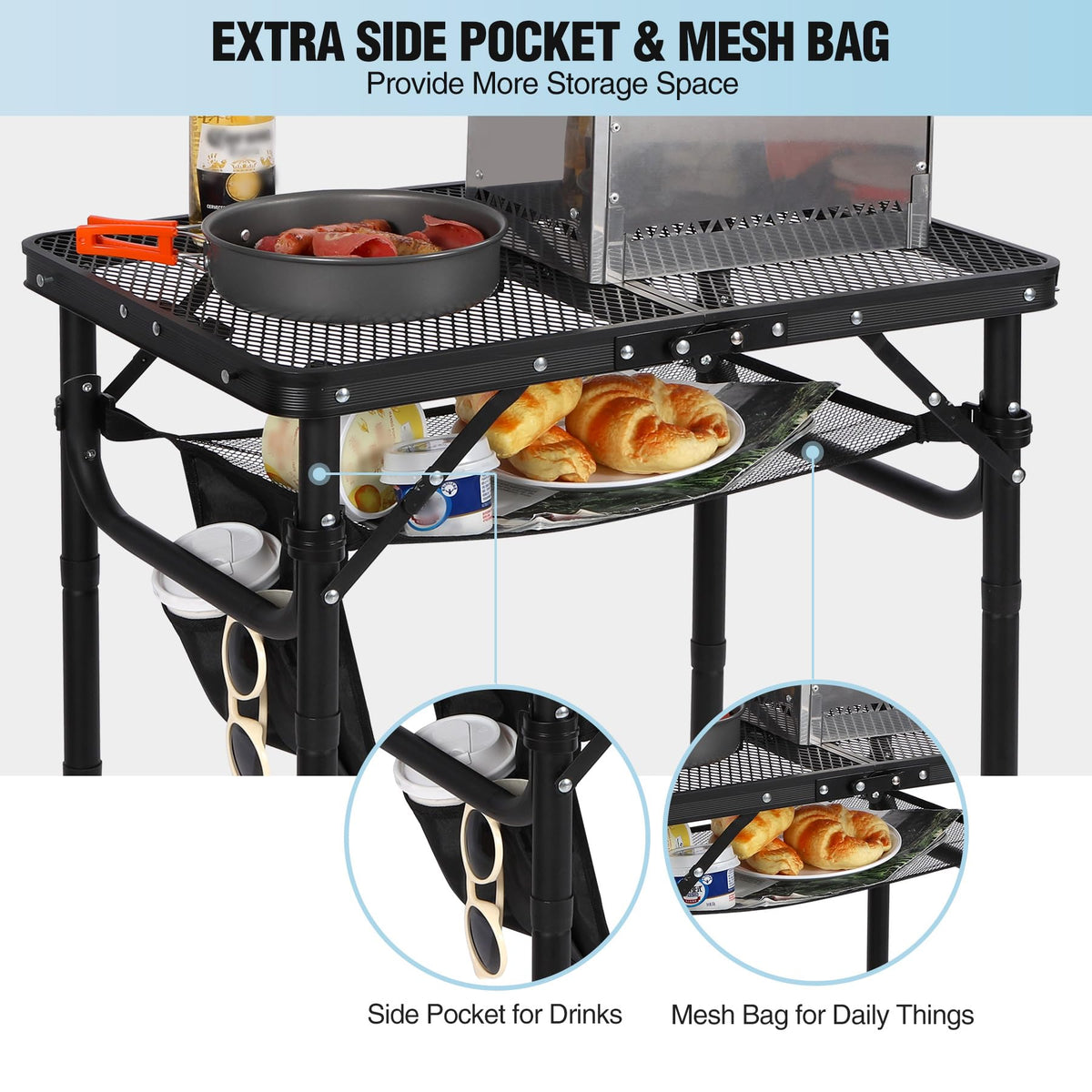 Lightweight Height Adjustable Aluminum Folding Grill Table with Mesh Desktop, Black L794