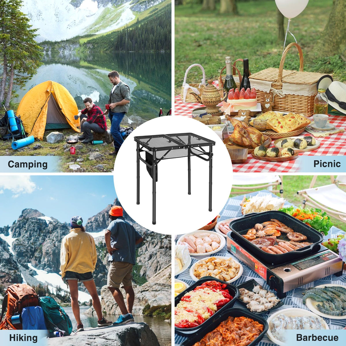 Lightweight Height Adjustable Aluminum Folding Grill Table with Mesh Desktop, Black L794