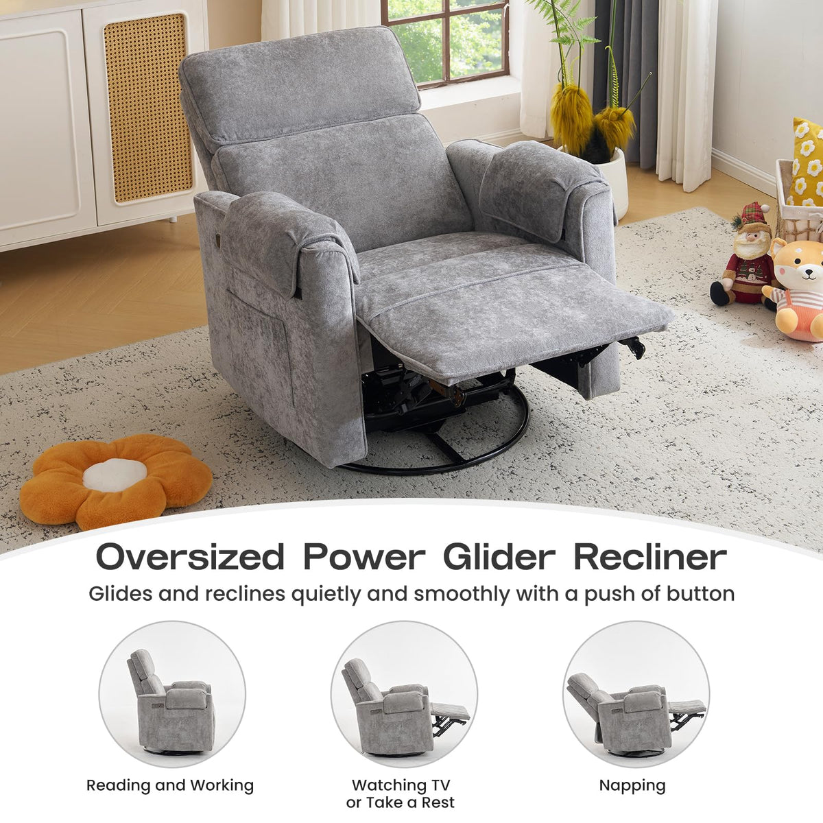 Oversized Swivel Rocking Recliner Chair with USB Ports, Grey Z6000