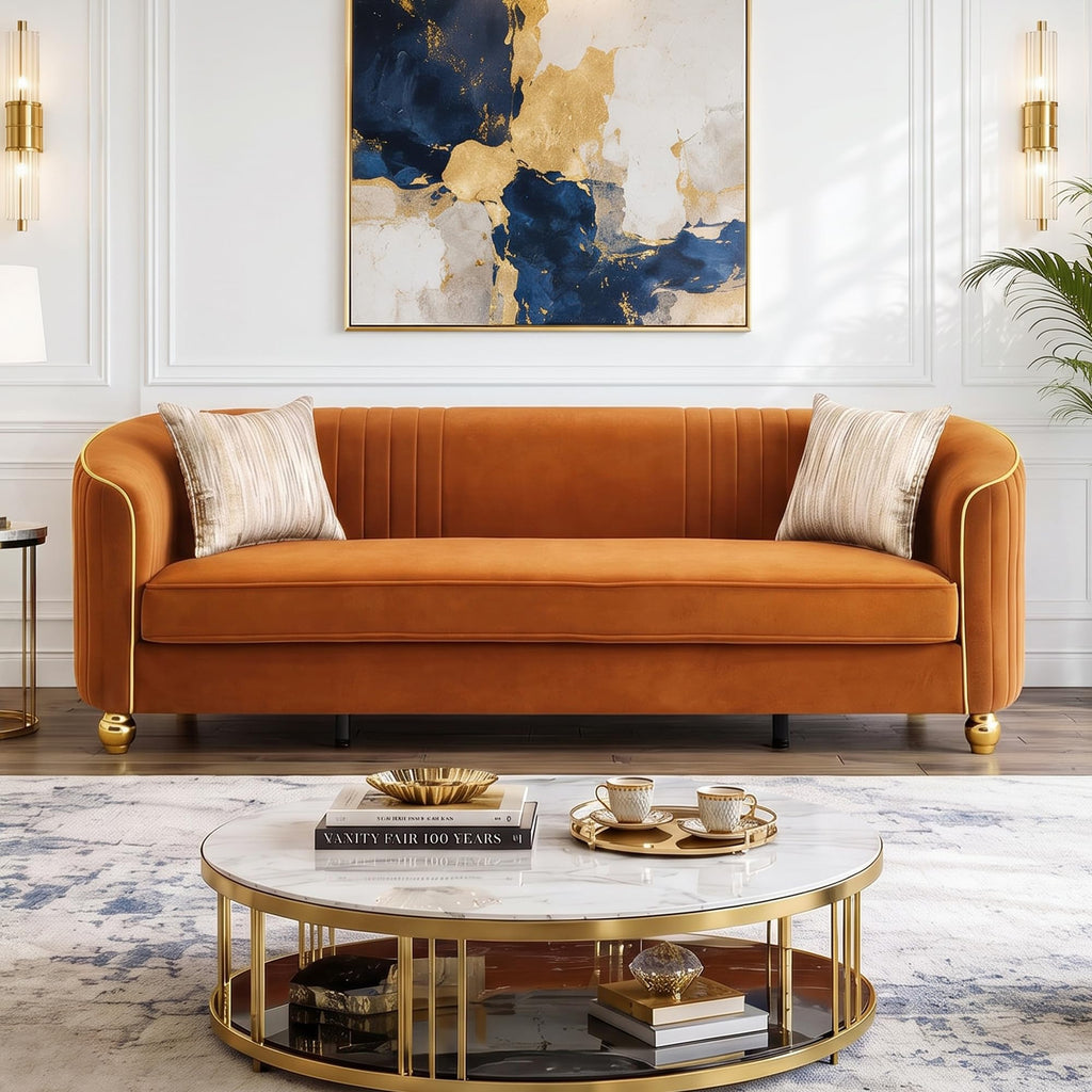Velvet Modern Sofa Couch 3-Seater Deep Seat Sofa, Orange T5614
