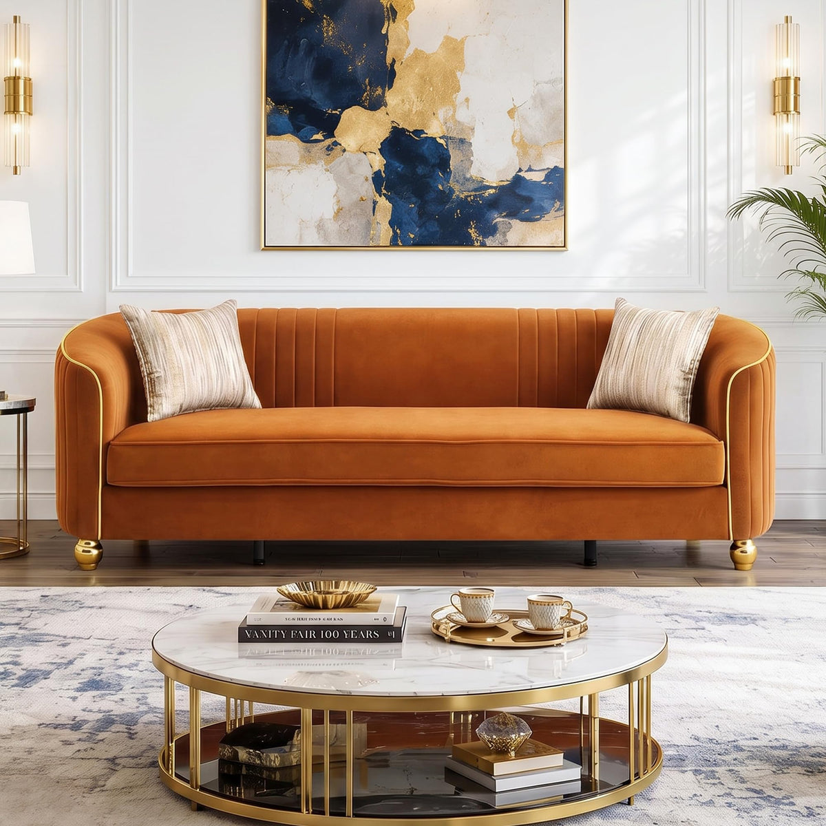 Velvet Modern Sofa Couch 3-Seater Deep Seat Sofa, Orange T5614