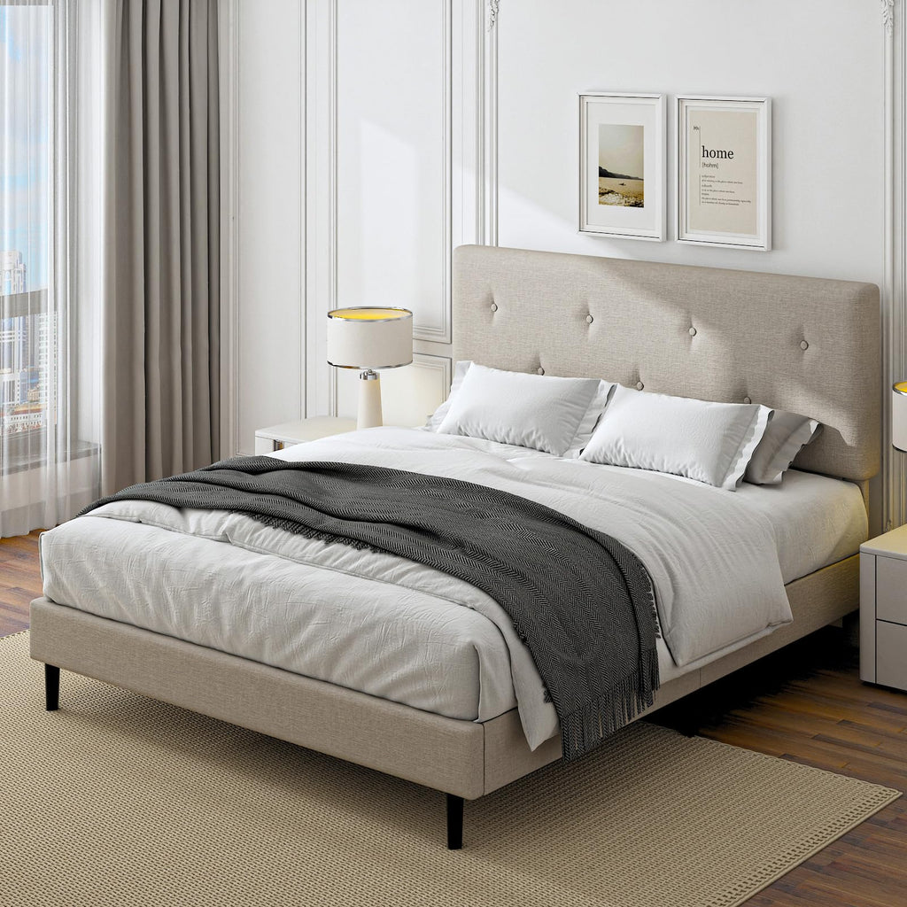 Queen Size Beige Linen Bed Frame with Adjustable Headboard Q36954