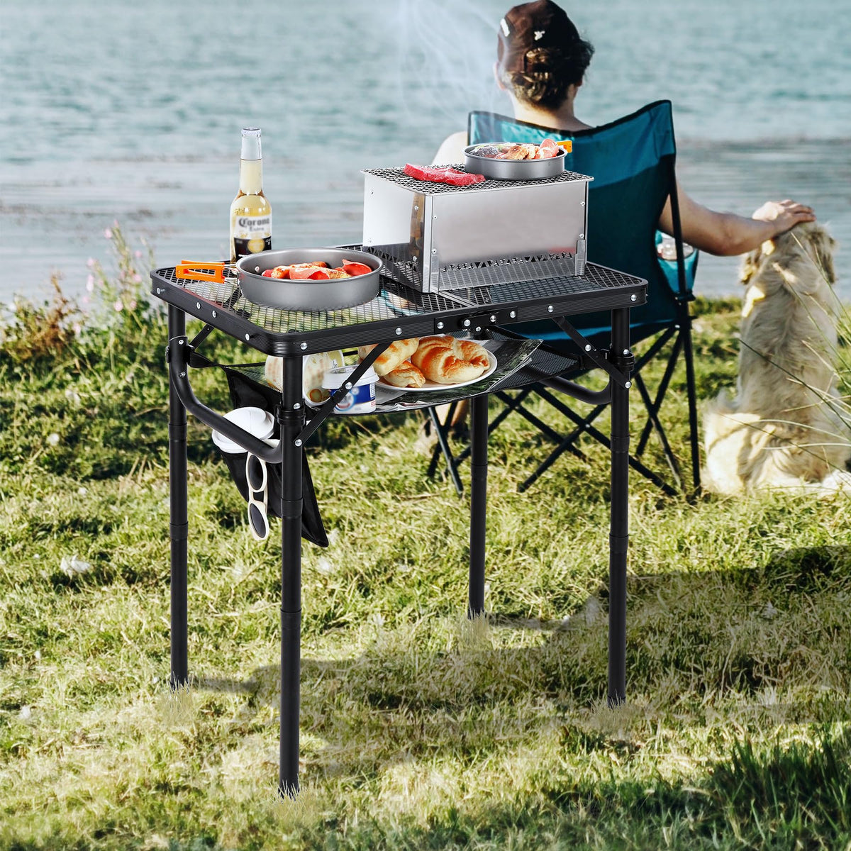 Lightweight Height Adjustable Aluminum Folding Grill Table with Mesh Desktop, Black L794