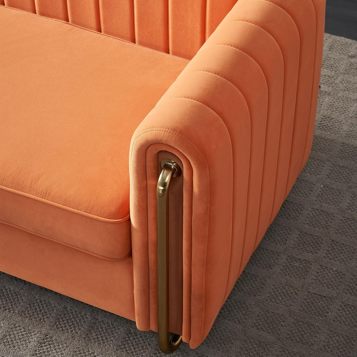 Velvet Sofa Couch, 3-Seater with Channel-Tufted Seats and Gold Steel Legs, Orange S892