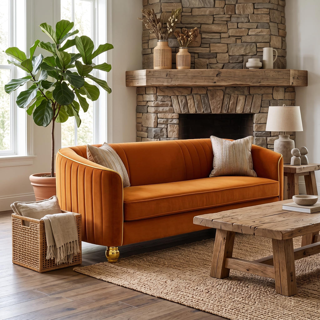 Velvet Modern Sofa Couch 3-Seater Deep Seat Sofa, Orange T5614