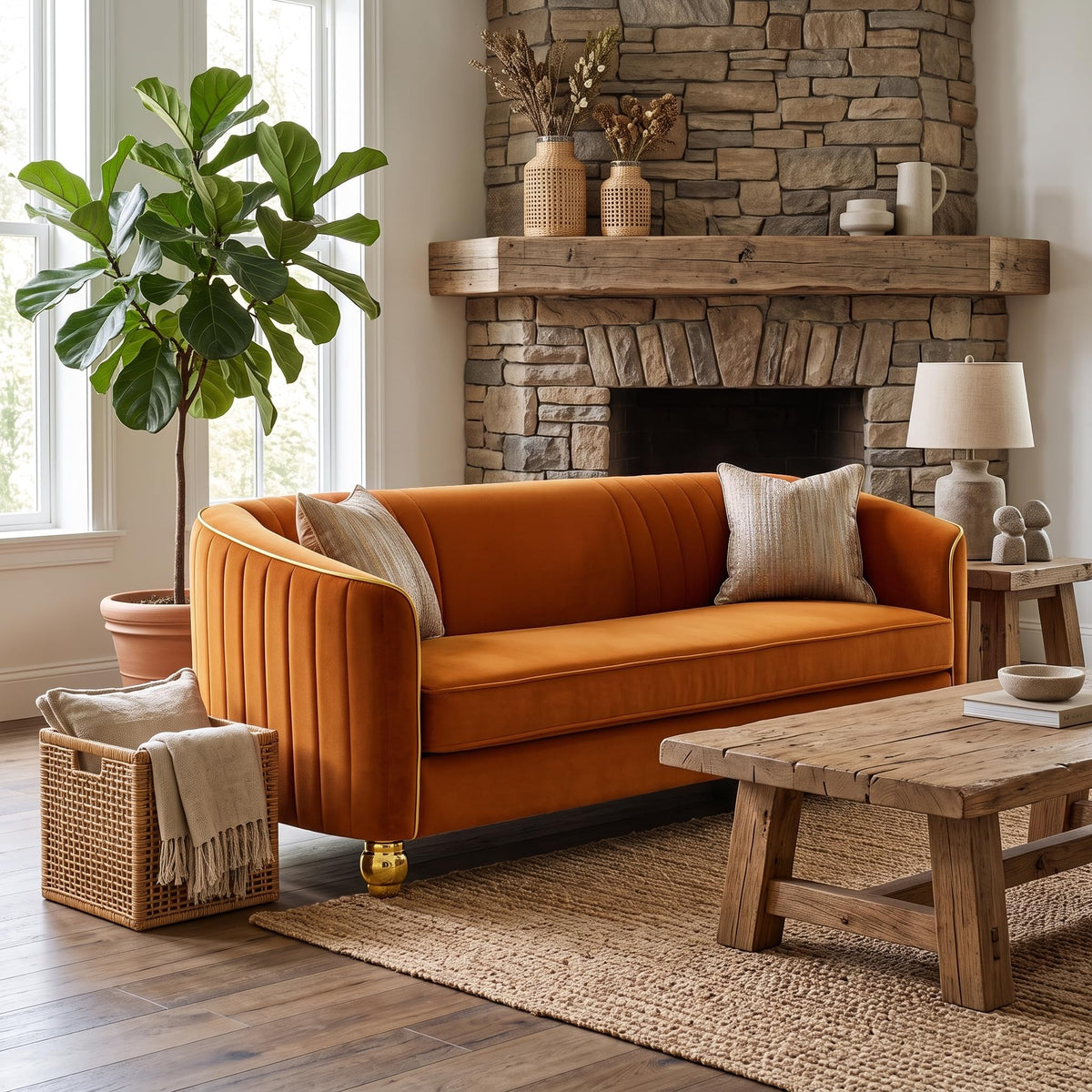Velvet Modern Sofa Couch 3-Seater Deep Seat Sofa, Orange T5614