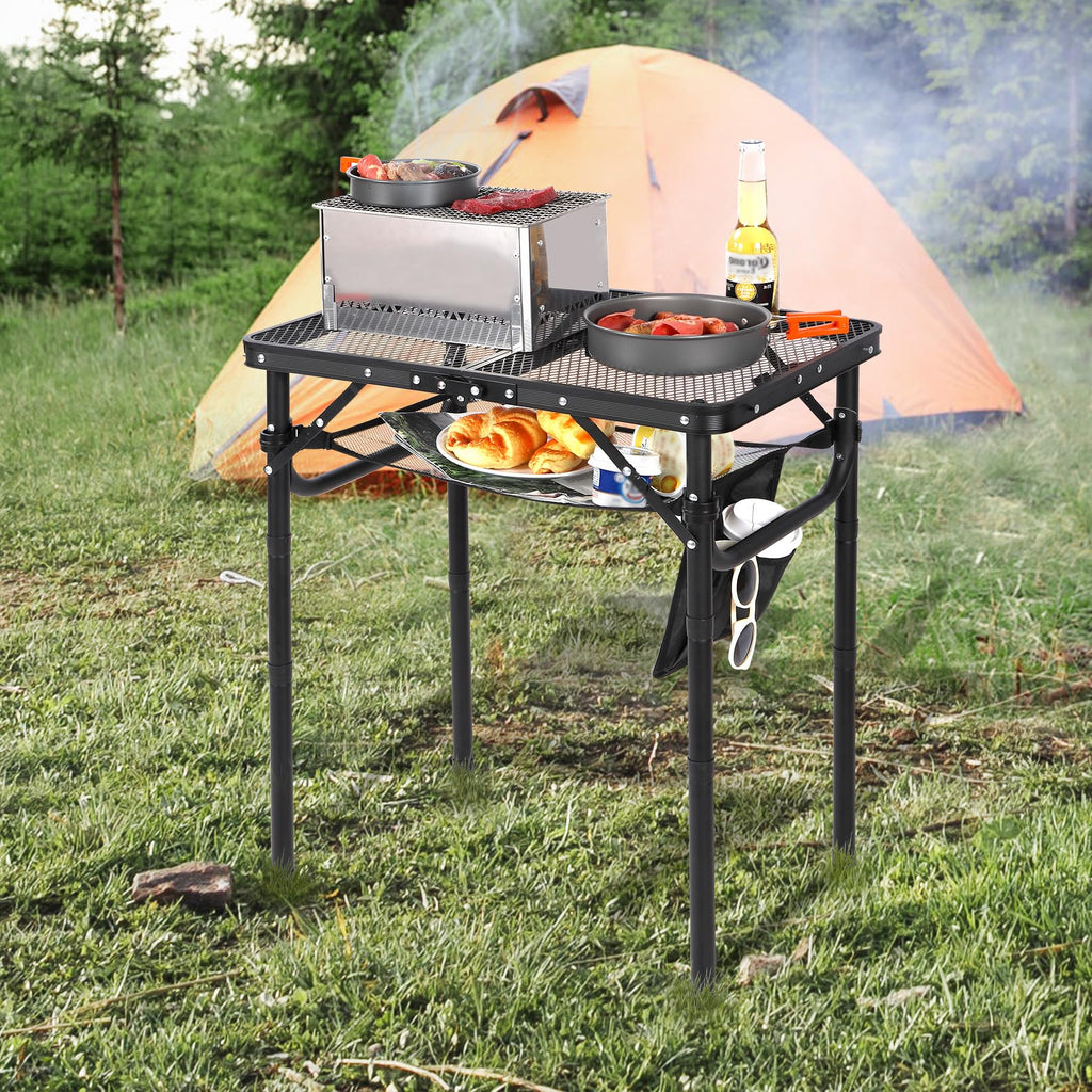 Lightweight Height Adjustable Aluminum Folding Grill Table with Mesh Desktop, Black L794